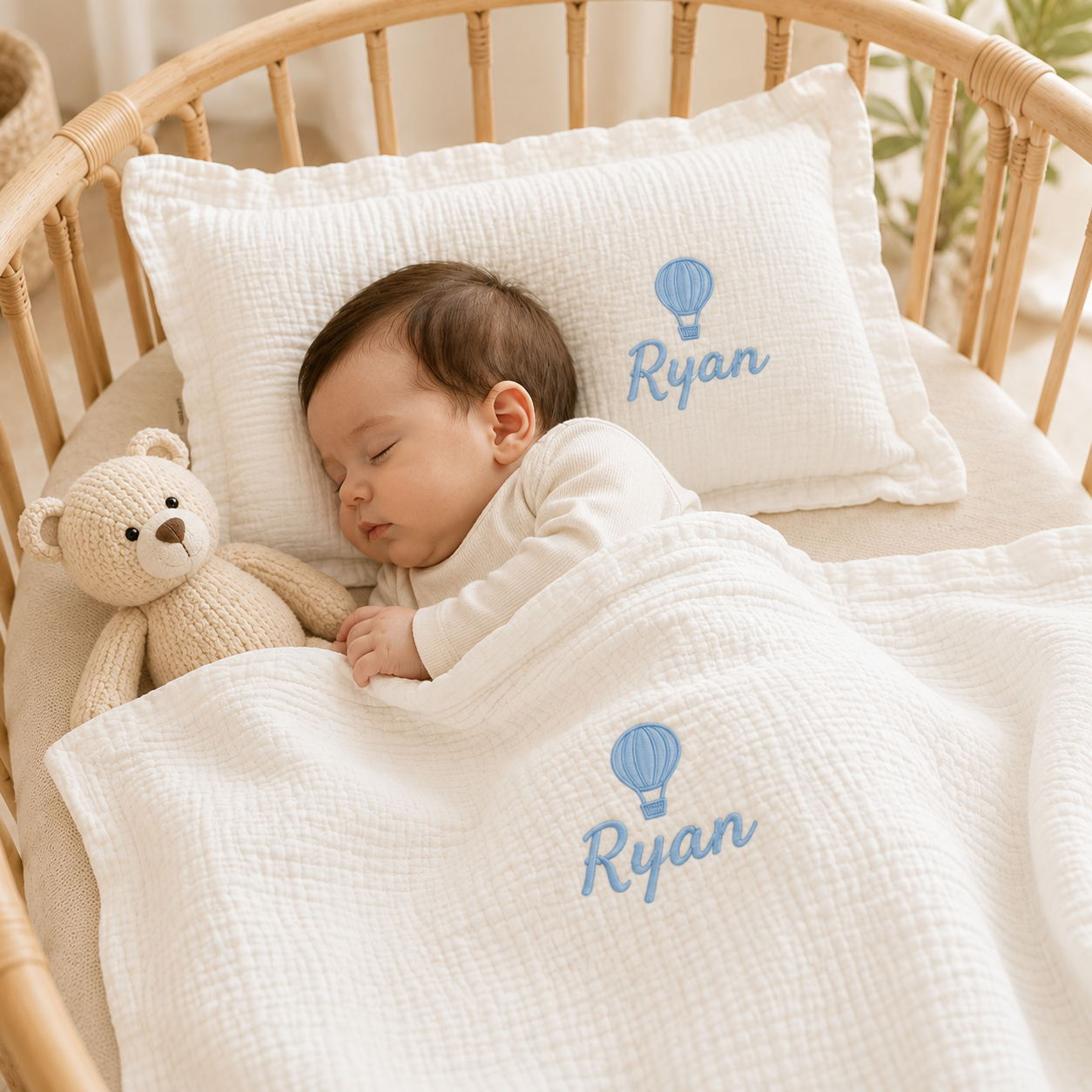 Personalized Muslin Baby Blanket & Pillow Set, Custom Embroidered Baby Name Blanket, Neutral Nursery Bedding, Newborn Gift