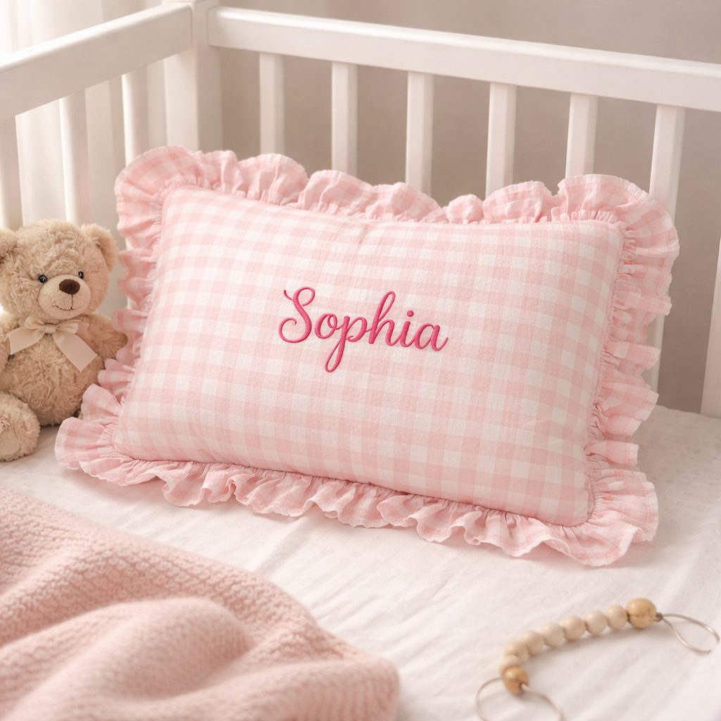 Personalized Baby Name Pillow – Pink Gingham Ruffle Pillow with Custom Embroidery, Baby Girl Nursery Decor