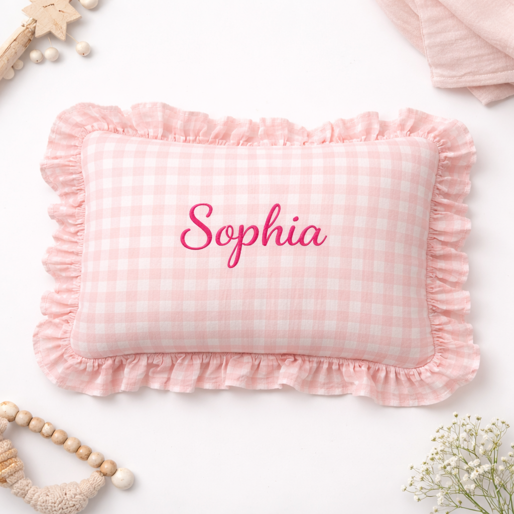 Personalized Baby Name Pillow – Pink Gingham Ruffle Pillow with Custom Embroidery, Baby Girl Nursery Decor