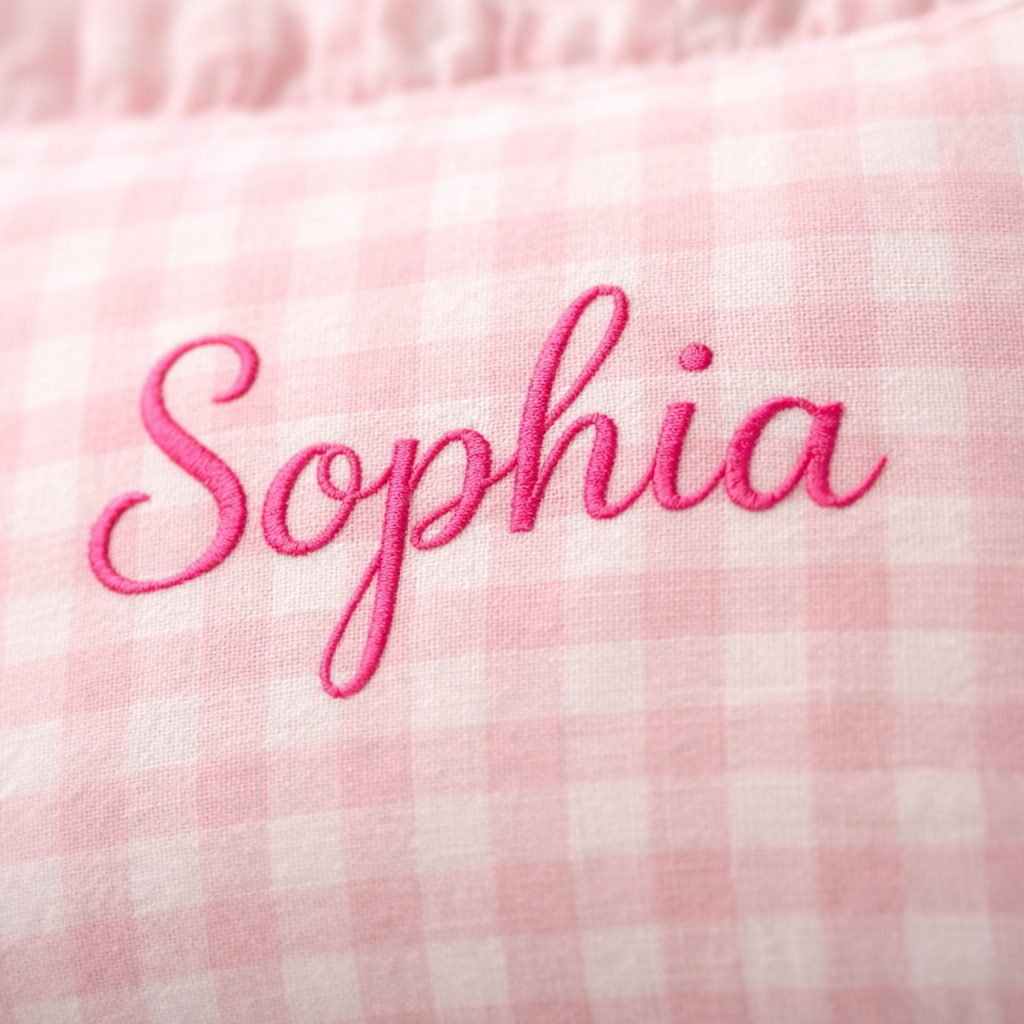 Personalized Baby Name Pillow – Pink Gingham Ruffle Pillow with Custom Embroidery, Baby Girl Nursery Decor