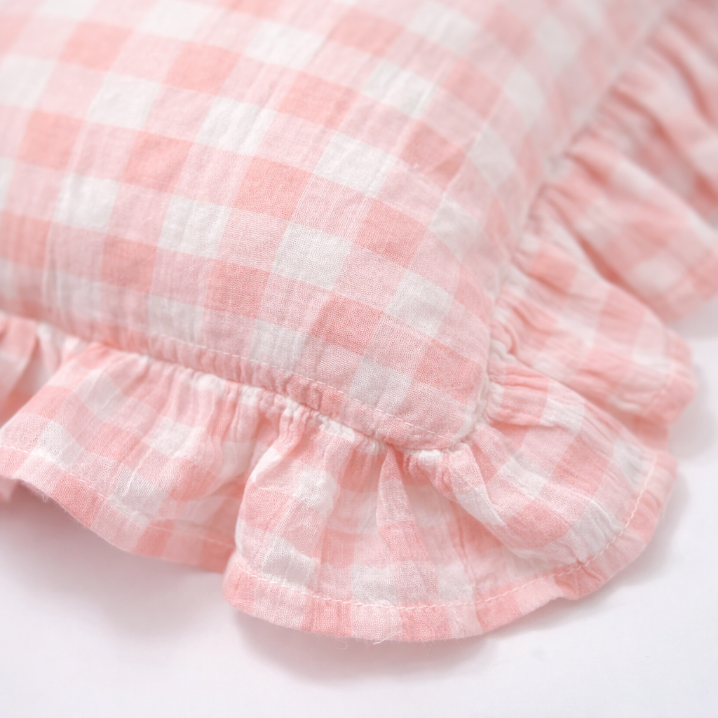 Personalized Baby Name Pillow – Pink Gingham Ruffle Embroidered Nursery Pillow