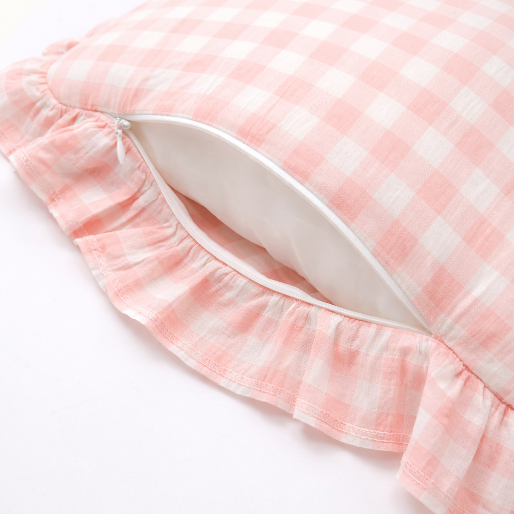 Personalized Baby Name Pillow – Pink Gingham Ruffle Embroidered Nursery Pillow