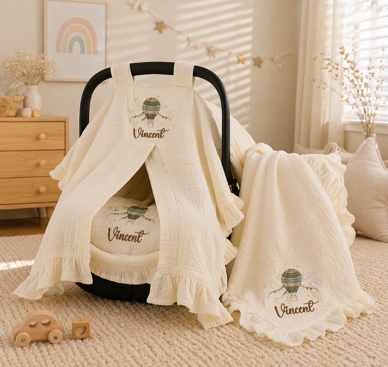 Personalized Baby Gift Set – Embroidered Muslin Car Seat Canopy, Baby Blanket & Pillow with Name
