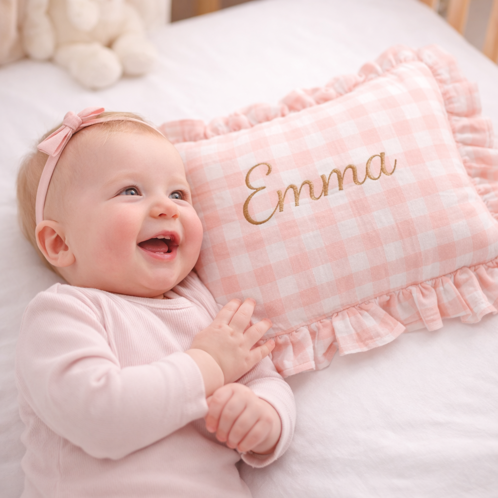 Personalized Baby Name Pillow – Pink Gingham Ruffle Pillow with Custom Embroidery, Baby Girl Nursery Decor