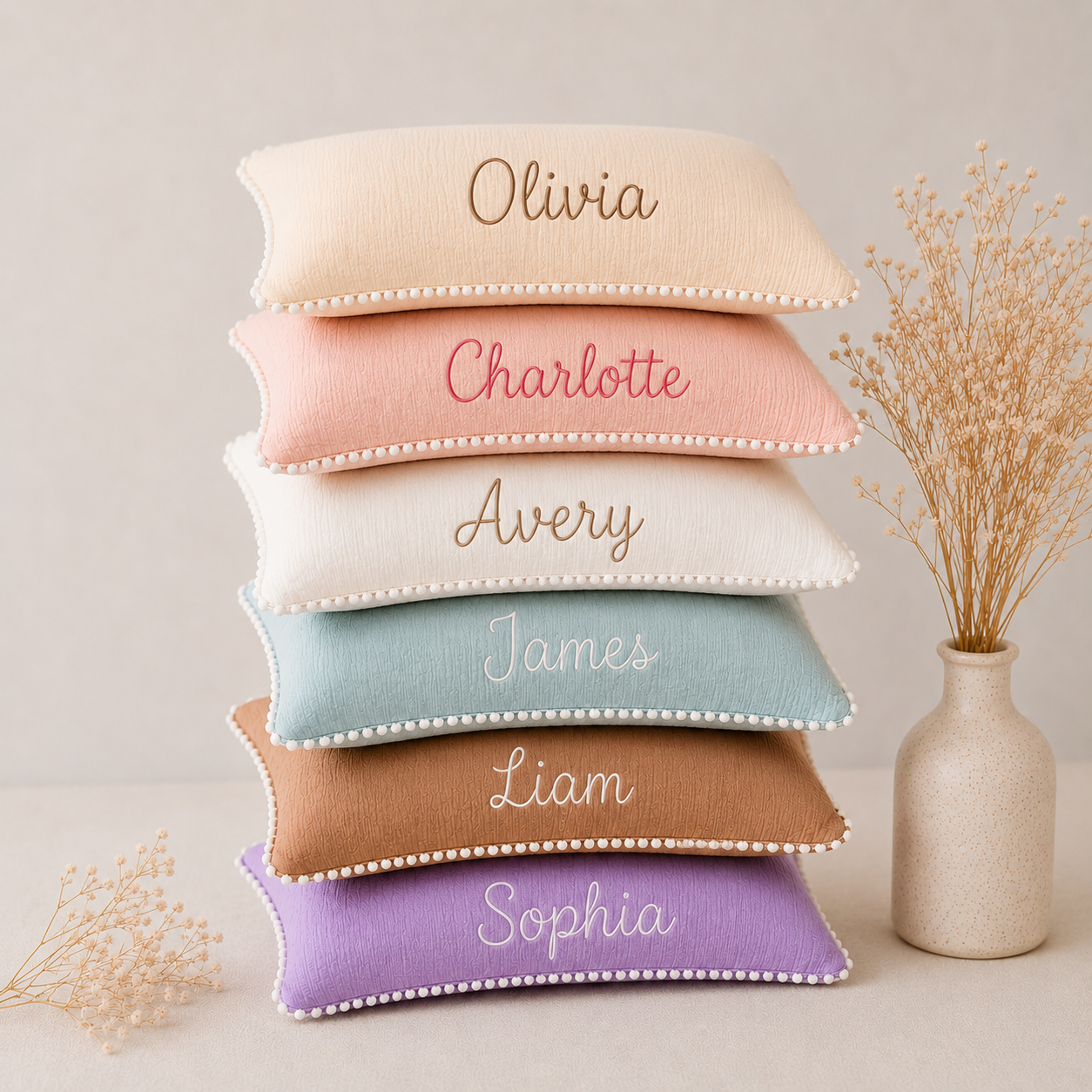 Personalized Baby Name Pillow – Custom Embroidered Muslin Pillow with Pom Pom Trim, Nursery Decor & Baby Gift