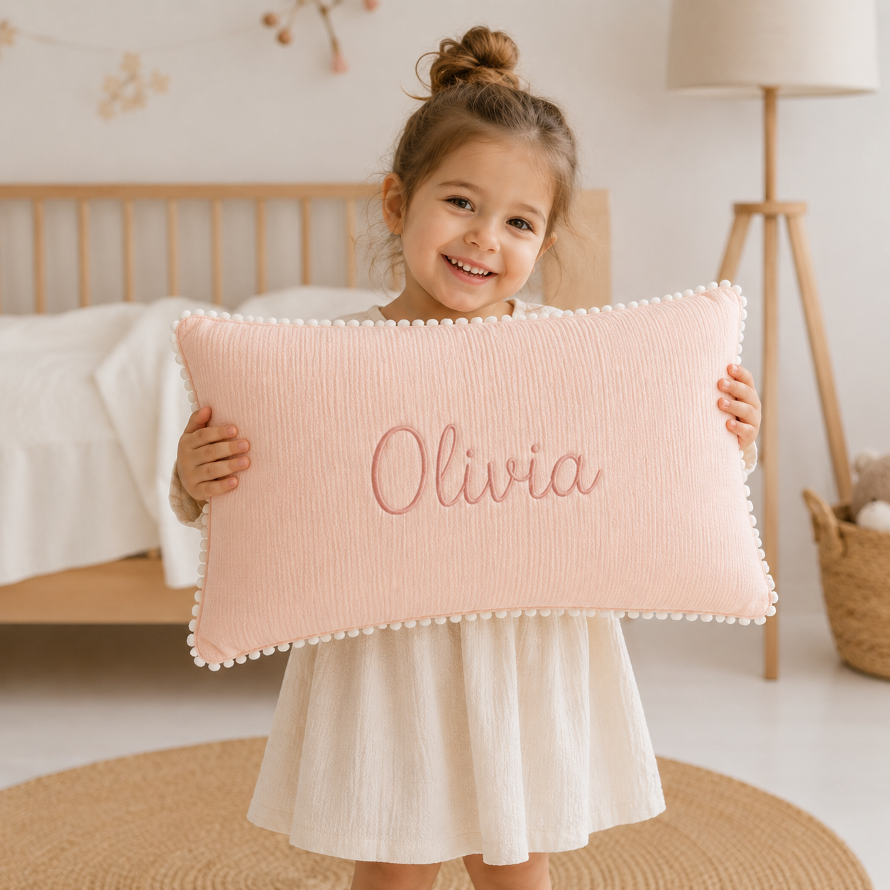 Personalized Baby Name Pillow – Custom Embroidered Muslin Pillow with Pom Pom Trim, Nursery Decor & Baby Gift