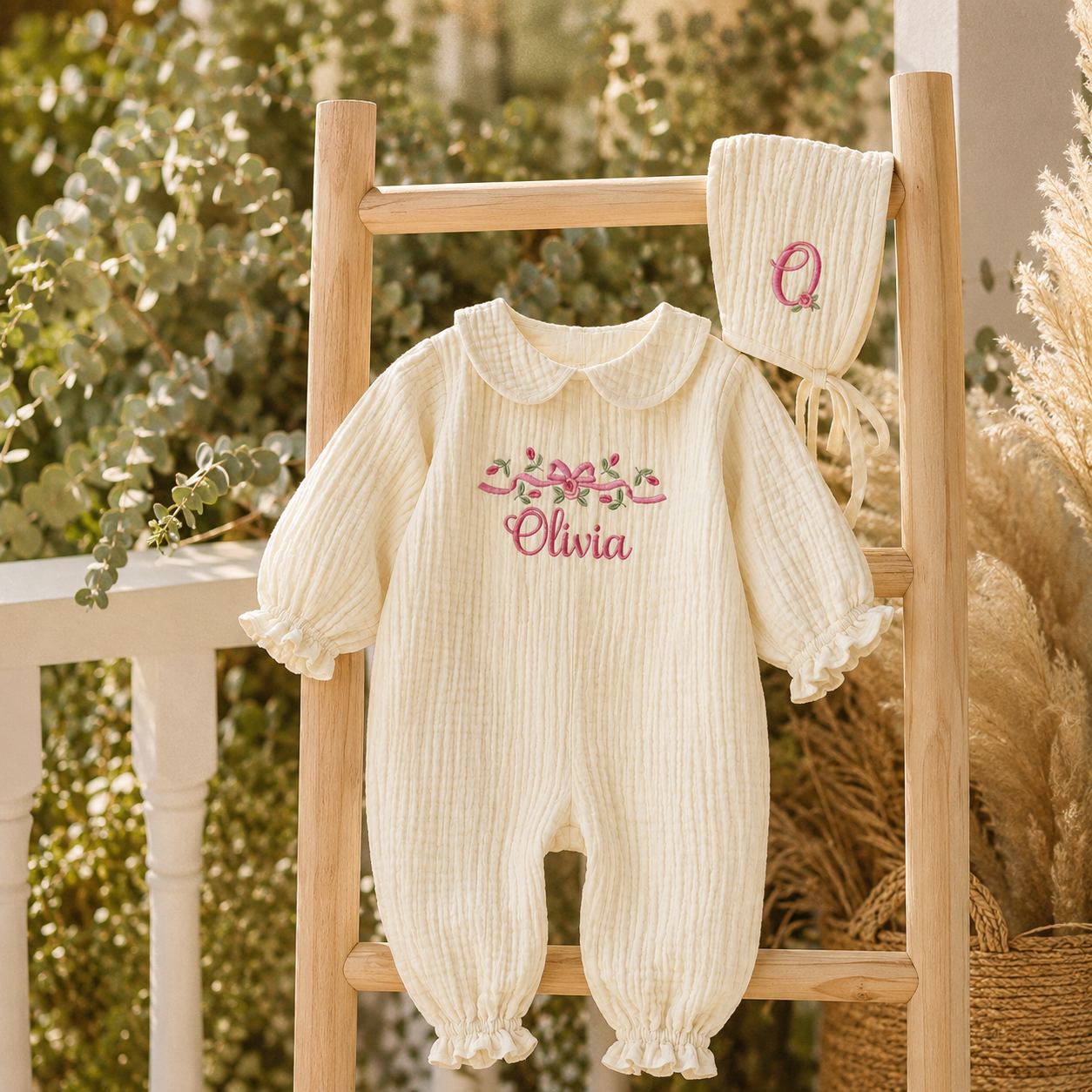 Personalized Baby Romper Set — Muslin Romper & Bonnet with Custom Name Embroidery · Boho Floral · Newborn Coming Home Outfit · Baby Shower Gift