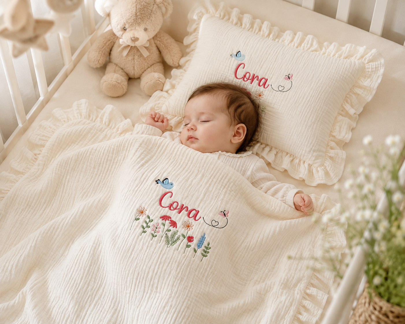 Personalized Muslin Baby Blanket & Pillow Set – Custom Embroidered Baby Name, Soft Cotton Muslin Nursery Gift for Newborn