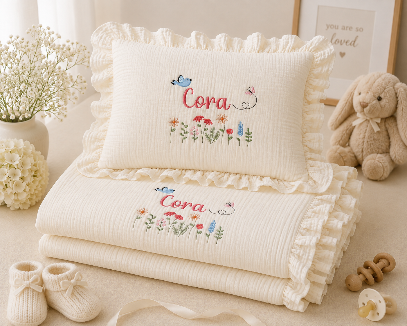 Personalized Muslin Baby Blanket & Pillow Set – Custom Embroidered Baby Name, Soft Cotton Muslin Nursery Gift for Newborn
