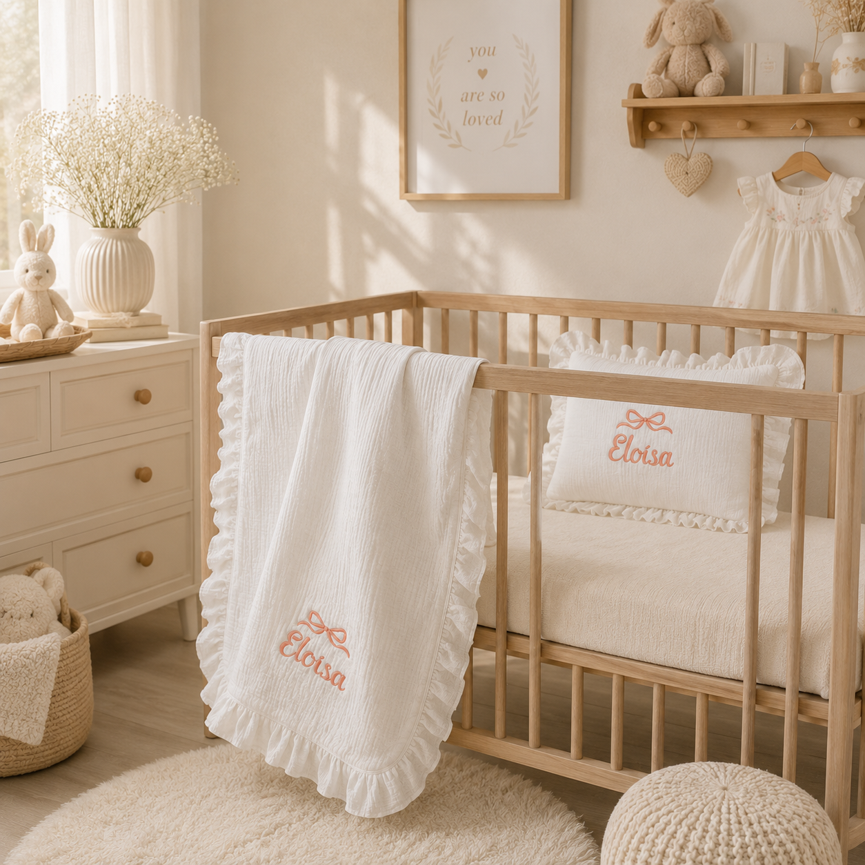 Personalized Baby Muslin Blanket & Ruffle Pillow Set, Embroidered Baby Name Blanket, Newborn Nursery Bedding, Baby Shower Gift