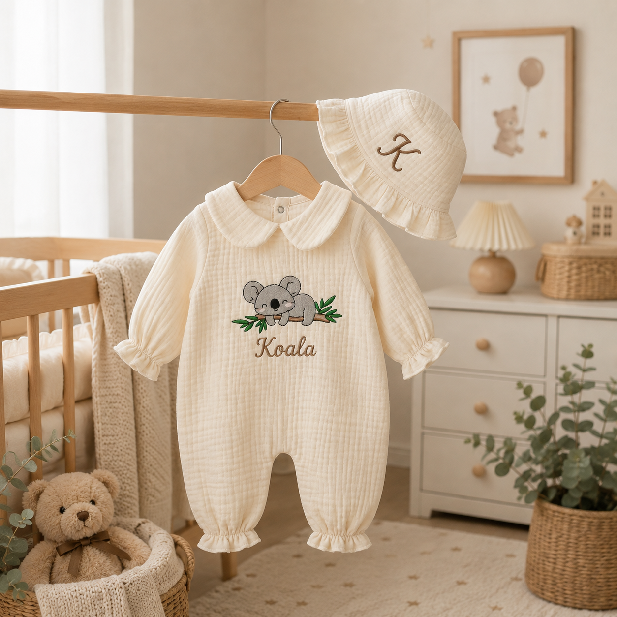 Personalized Baby Romper & Bonnet Set – Embroidered Koala Muslin Outfit, Custom Baby Name Coming Home Outfit