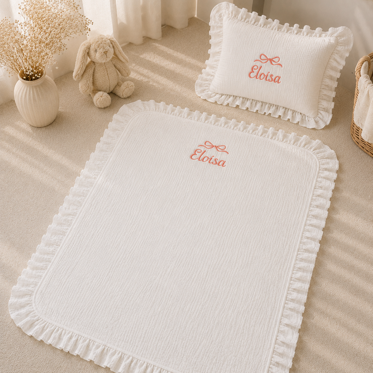 Personalized Baby Muslin Blanket & Ruffle Pillow Set, Embroidered Baby Name Blanket, Newborn Nursery Bedding, Baby Shower Gift