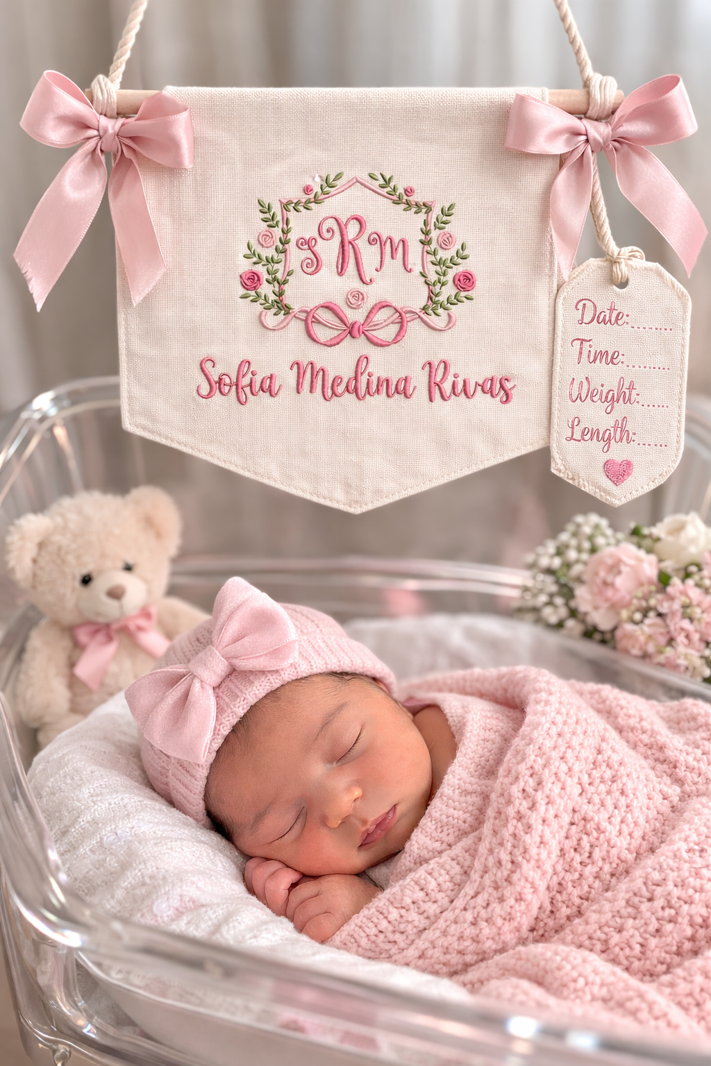 Personalized Hospital Bassinet Name Sign, Embroidered Baby Name Banner with Optional Birth Stats Tag, Newborn Nursery Decor & Baby Shower Gift