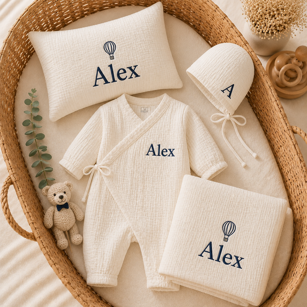 Personalized Baby Gift Set – Custom Embroidered Muslin Kimono Romper, Bonnet, Baby Blanket & Pillow
