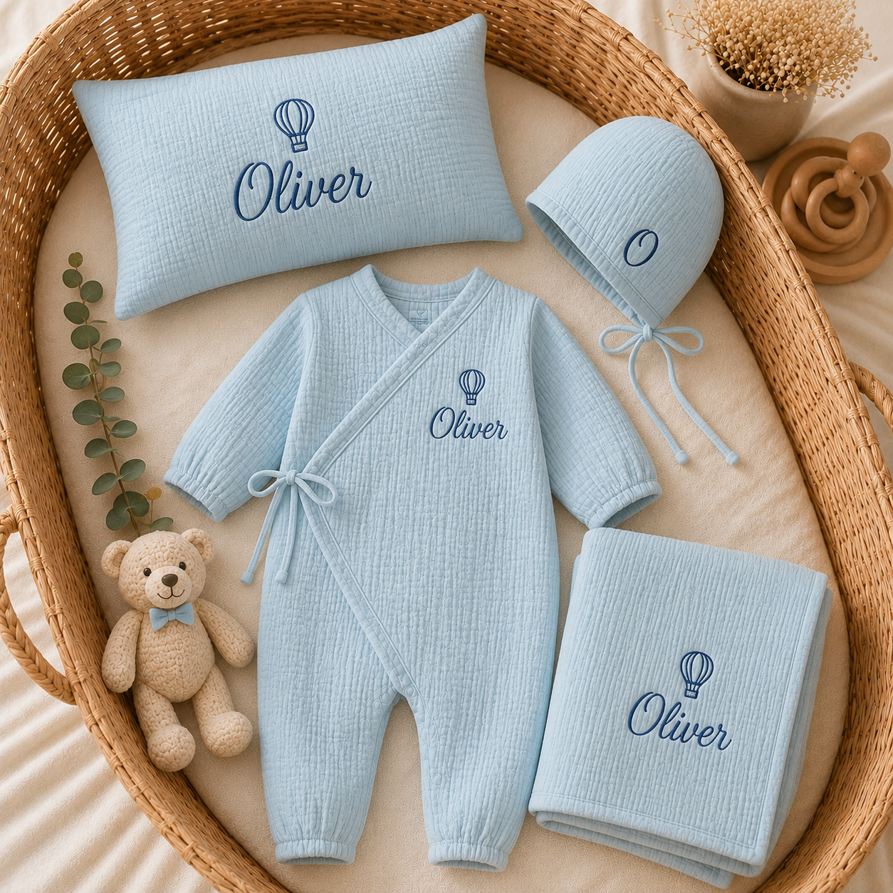 Personalized Baby Gift Set – Custom Embroidered Muslin Kimono Romper, Bonnet, Baby Blanket & Pillow