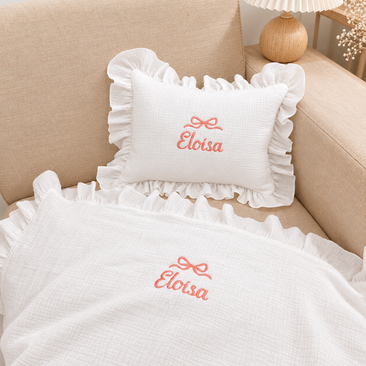 Personalized Baby Muslin Blanket & Ruffle Pillow Set, Embroidered Baby Name Blanket, Newborn Nursery Bedding, Baby Shower Gift