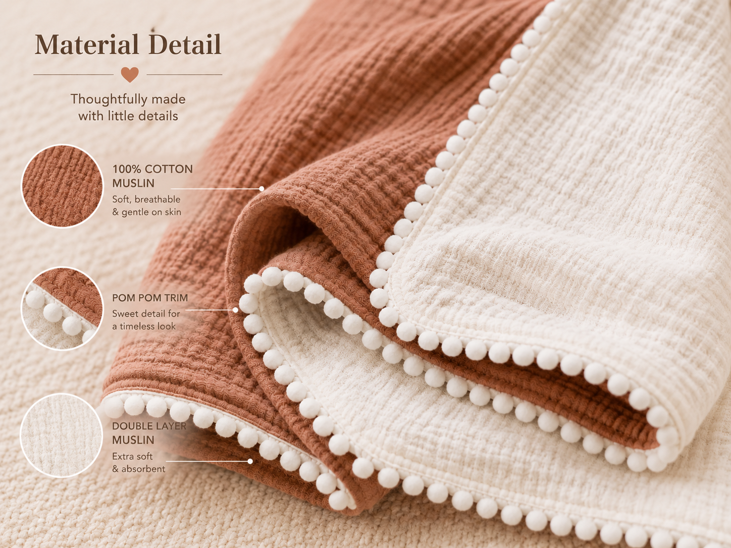 Personalized Baby Blanket – Custom Embroidered Name Muslin Blanket with Pom Pom Trim, Newborn & Baby Gift
