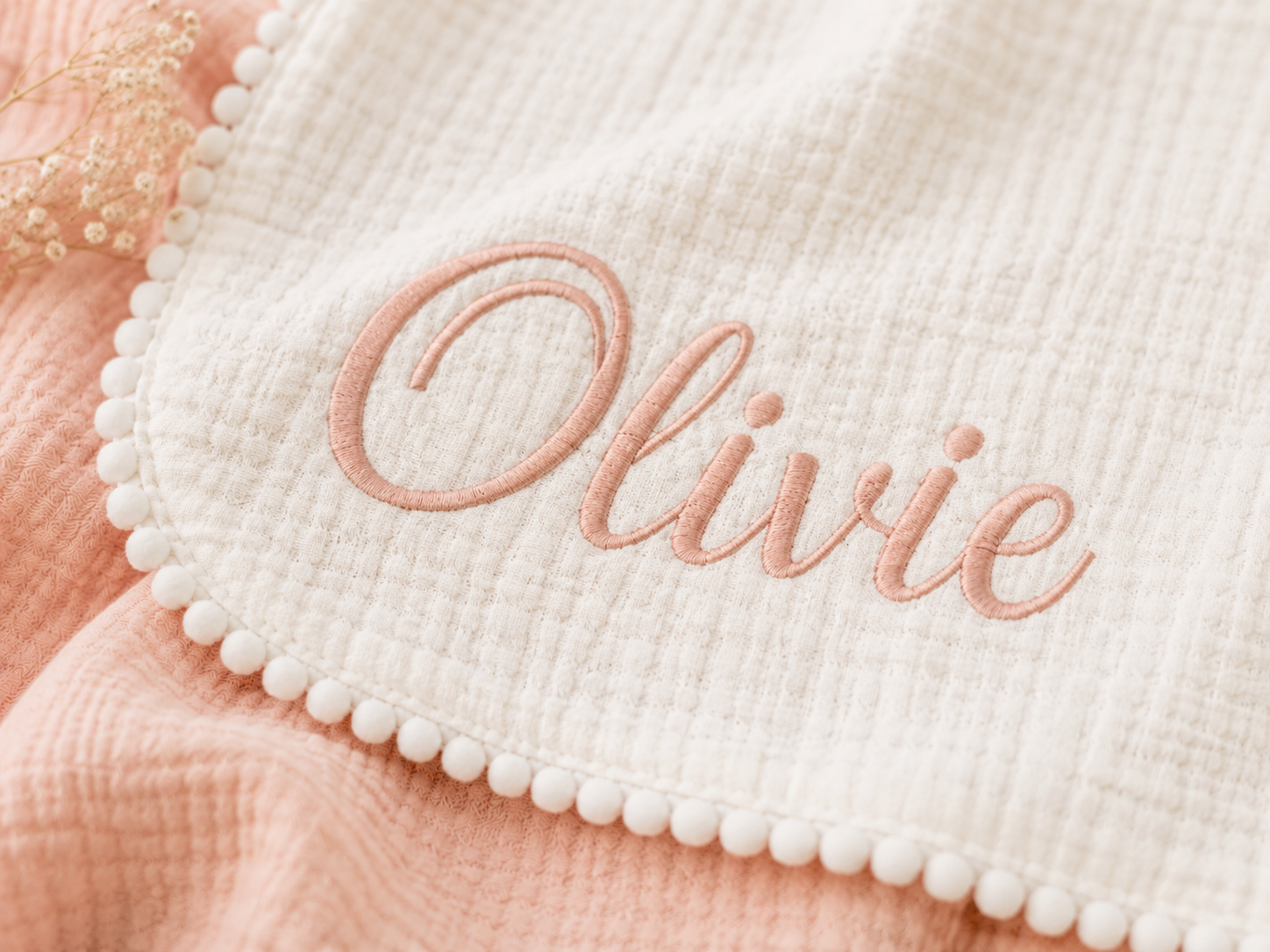 Personalized Baby Blanket – Custom Embroidered Name Muslin Blanket with Pom Pom Trim, Newborn & Baby Gift