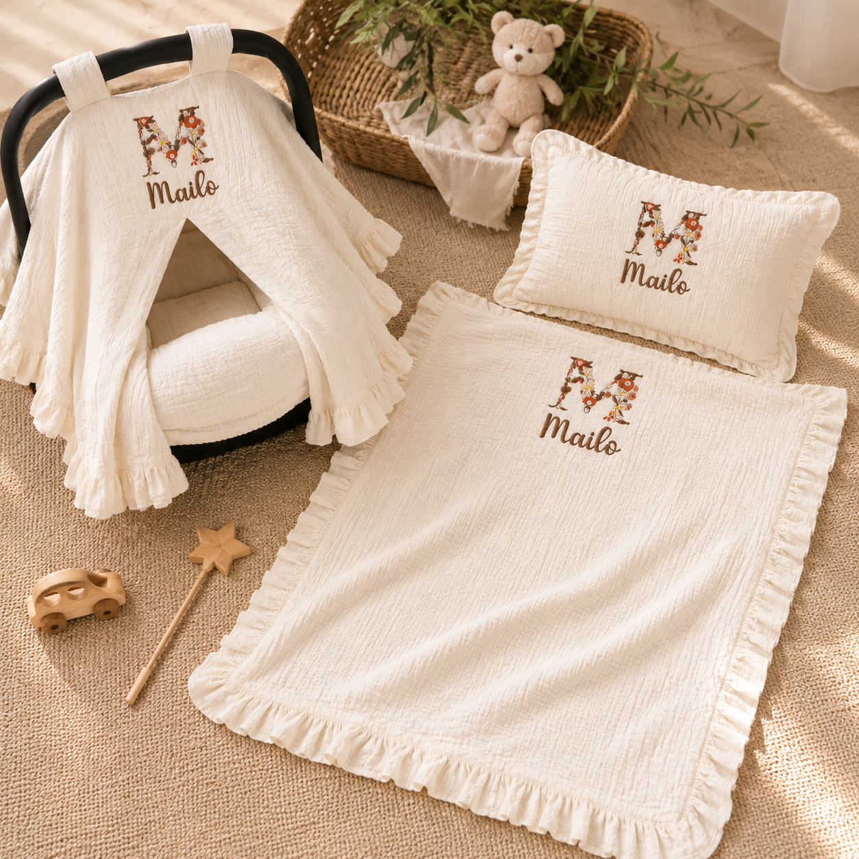 Personalized Baby Blanket, Pillow & Car Seat Cover Set – Embroidered Muslin Baby Bedding, Custom Name Newborn Gift