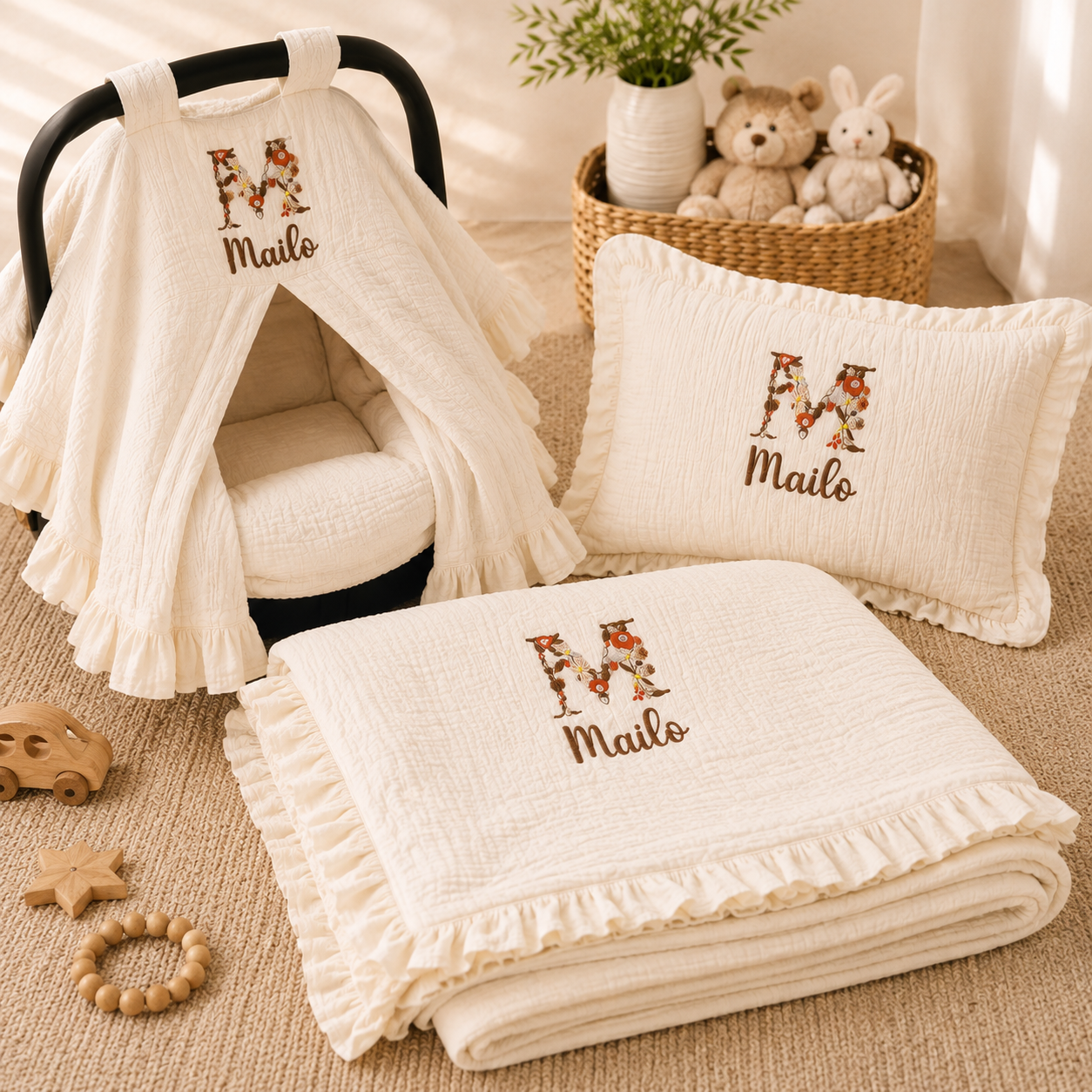 Personalized Baby Blanket, Pillow & Car Seat Cover Set – Embroidered Muslin Baby Bedding, Custom Name Newborn Gift