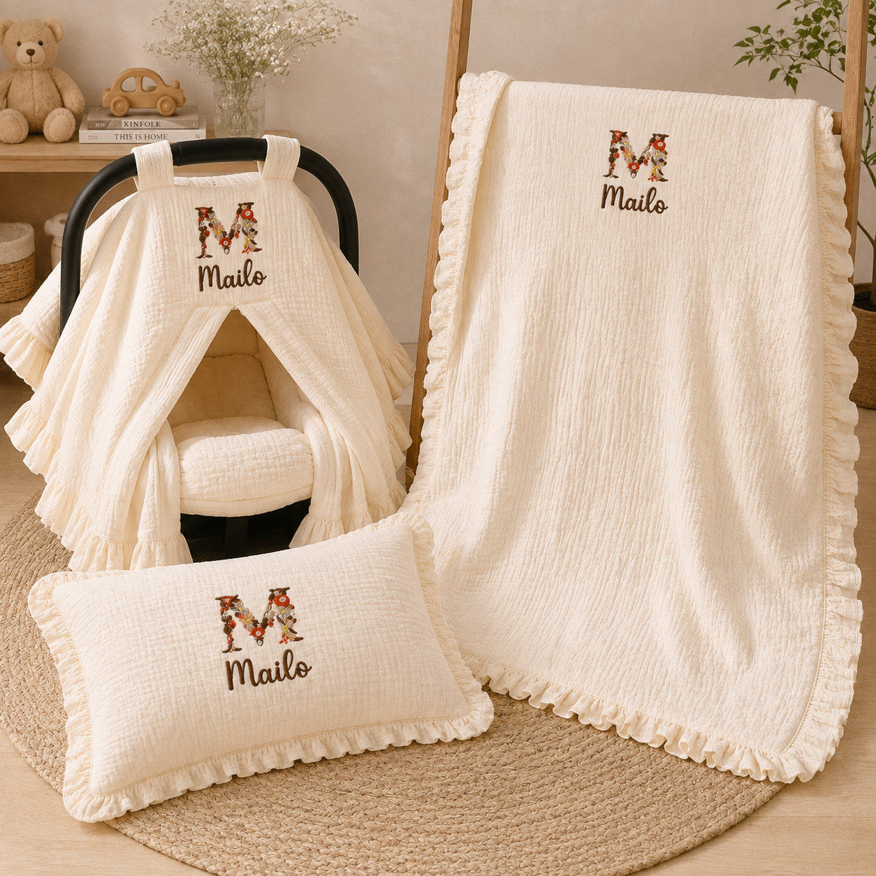 Personalized Baby Blanket, Pillow & Car Seat Cover Set – Embroidered Muslin Baby Bedding, Custom Name Newborn Gift