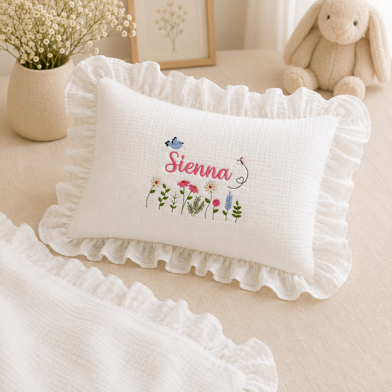 Personalized Muslin Baby Blanket & Ruffle Pillow Set, Embroidered Baby Name Gift, Custom Cotton Muslin Nursery Bedding