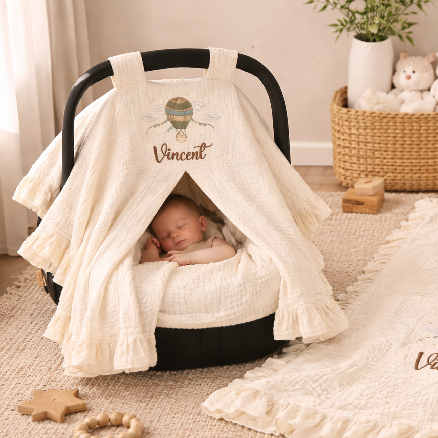 Personalized Baby Car Seat Canopy – Custom Embroidered Muslin Car Seat Cover with Name, Baby Shower Gift