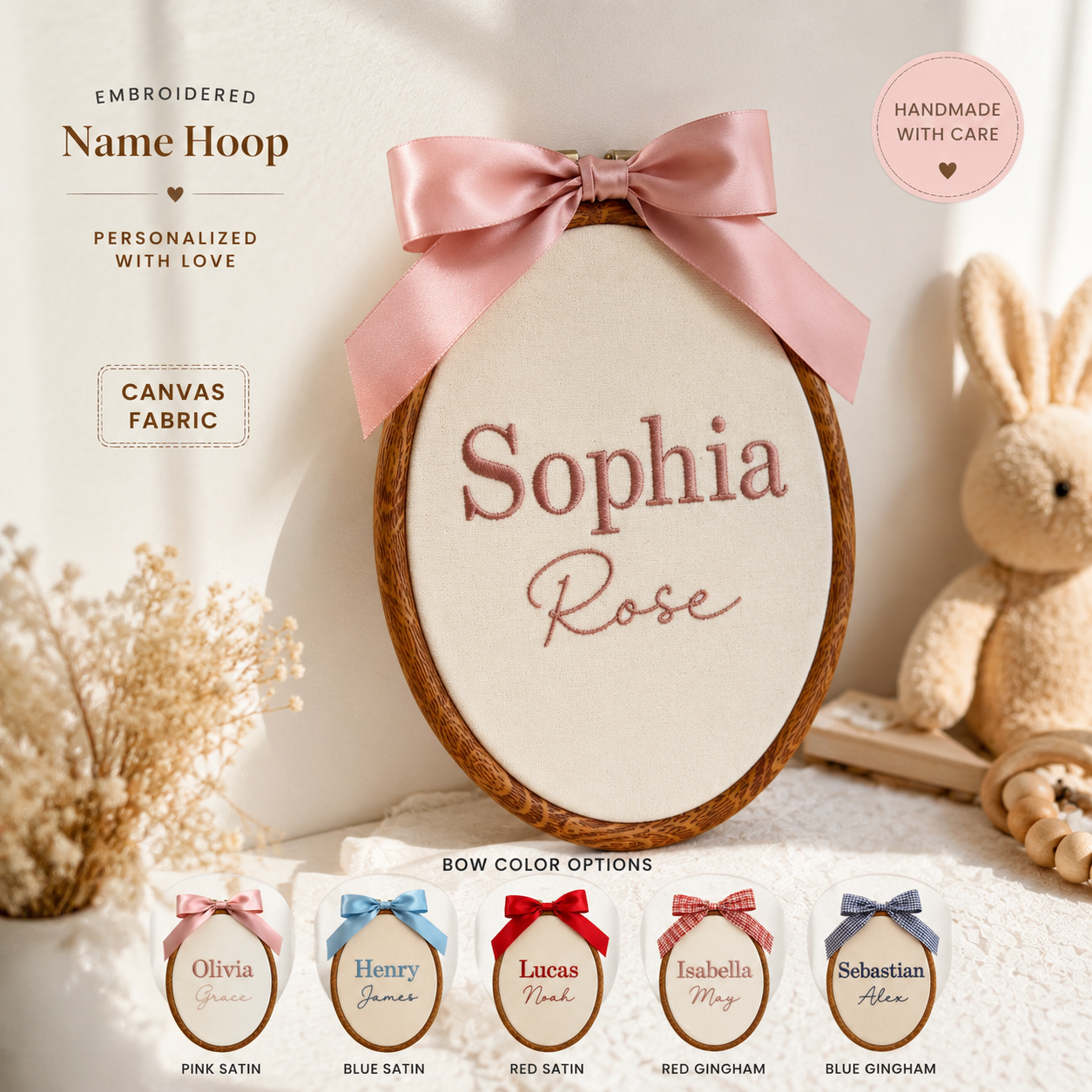 Personalized Baby Name Hoop with Bow – Embroidered Nursery Wall Decor, Custom Newborn Gift