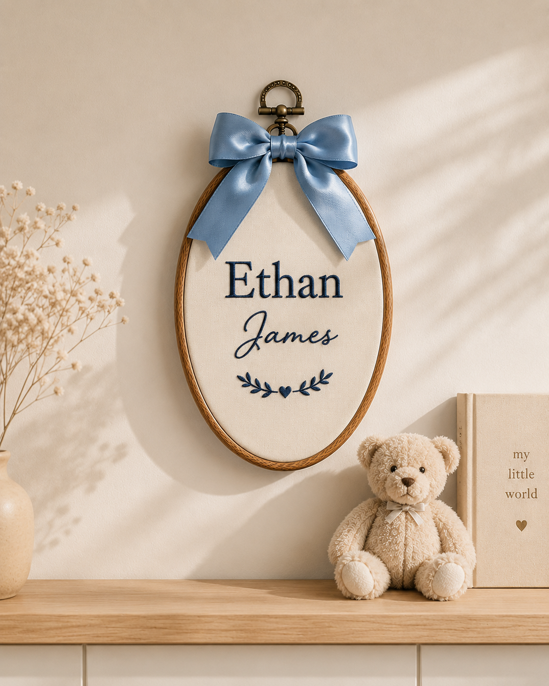 Personalized Baby Name Hoop with Bow – Embroidered Nursery Wall Decor, Custom Newborn Gift