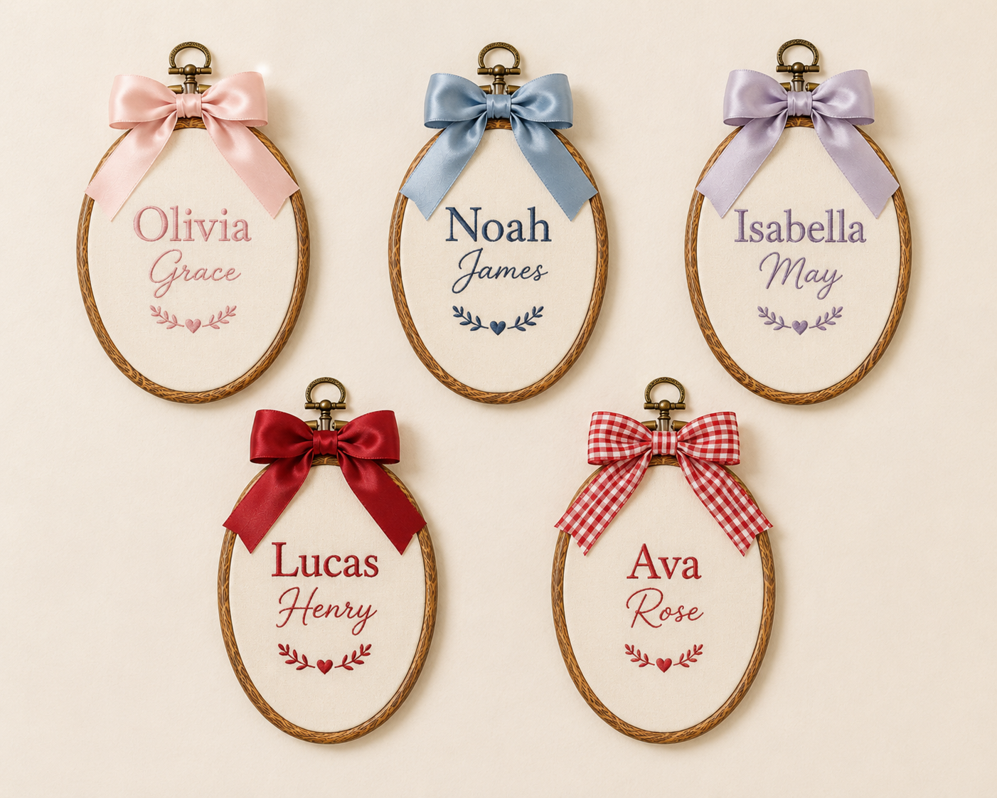 Personalized Baby Name Hoop with Bow – Embroidered Nursery Wall Decor, Custom Newborn Gift