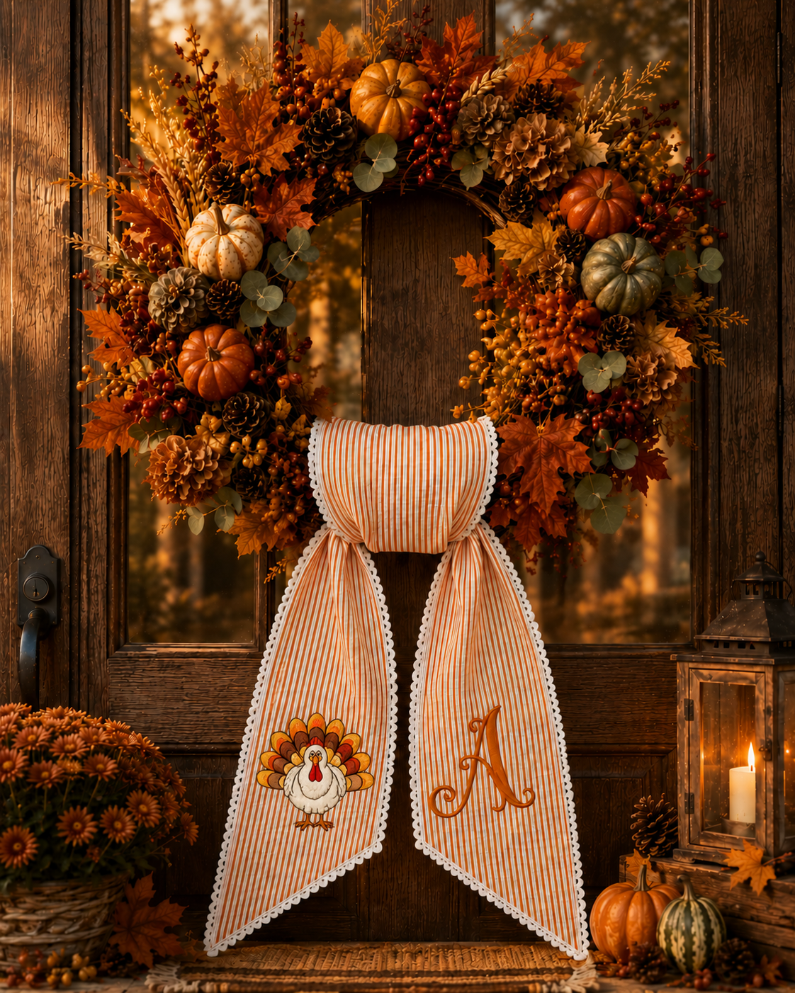 Personalized Thanksgiving Wreath Sash – Embroidered Turkey & Monogram Fall Door Bow, Orange Striped Autumn Wreath Decor