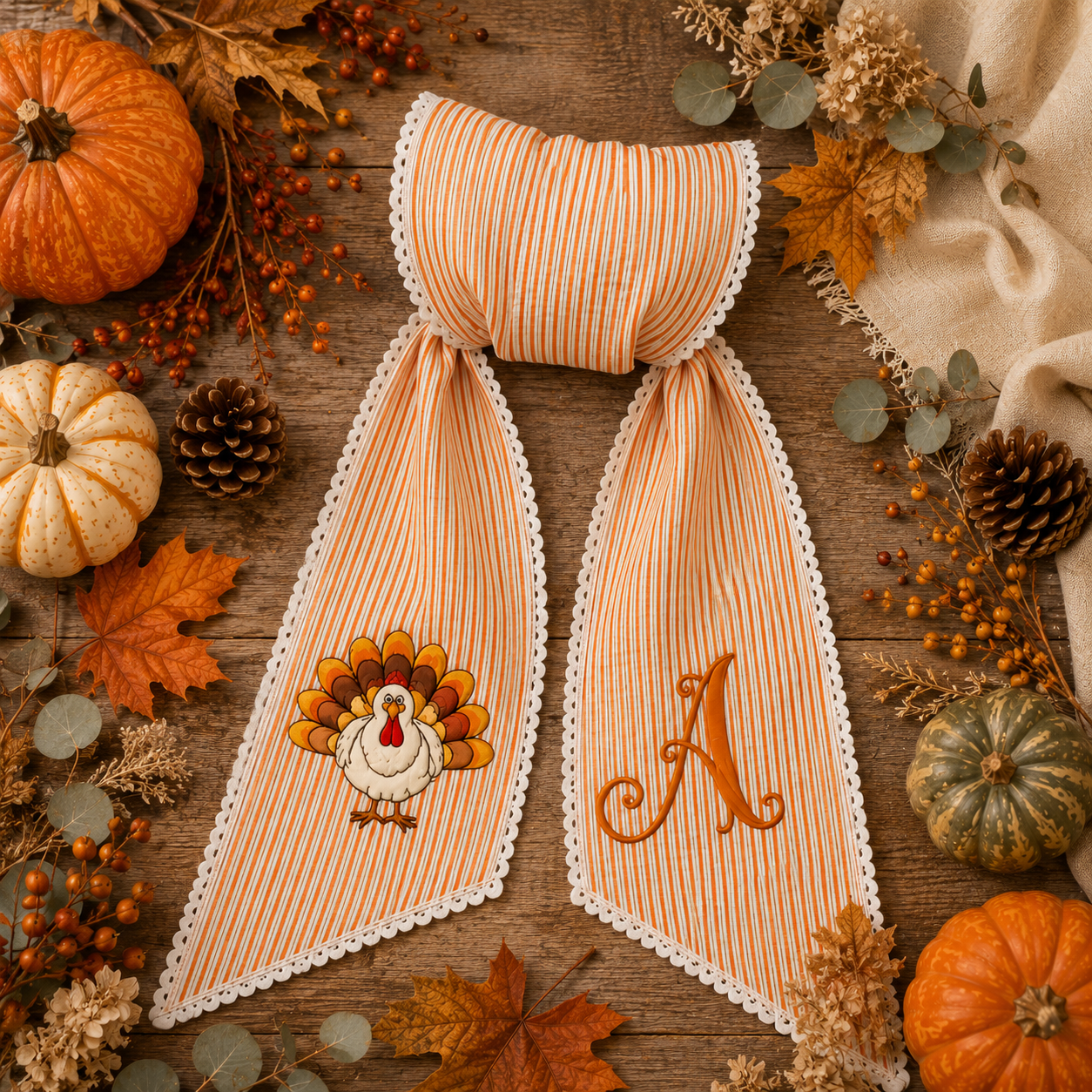 Personalized Thanksgiving Wreath Sash – Embroidered Turkey & Monogram Fall Door Bow, Orange Striped Autumn Wreath Decor