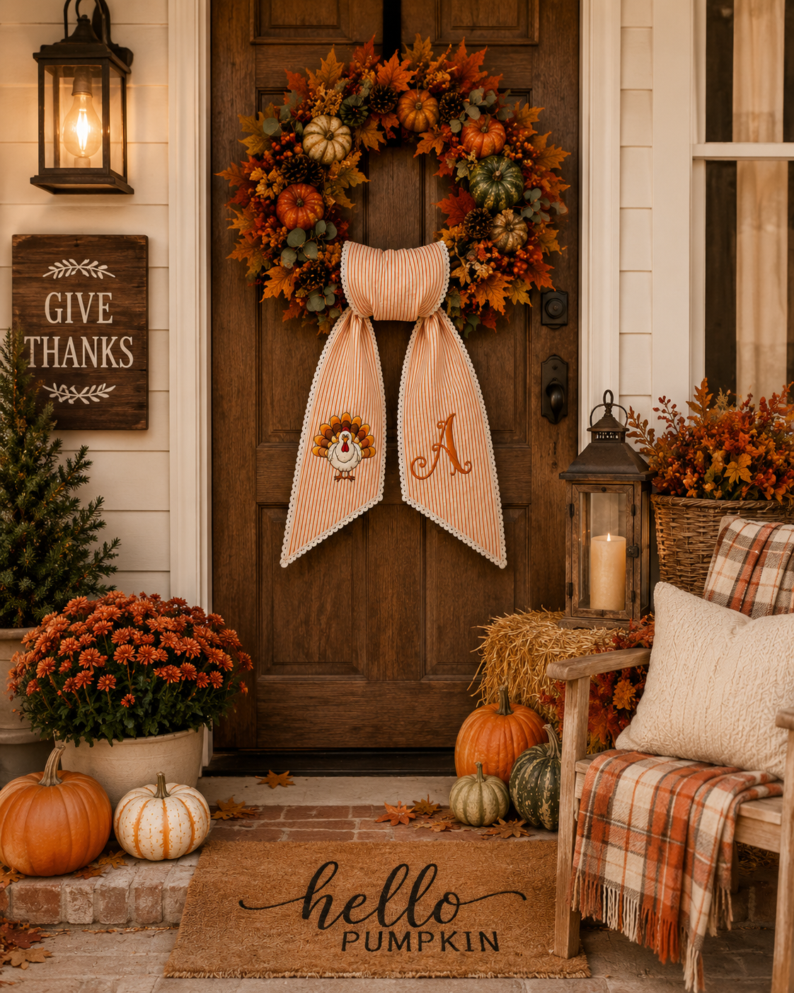 Personalized Thanksgiving Wreath Sash – Embroidered Turkey & Monogram Fall Door Bow, Orange Striped Autumn Wreath Decor
