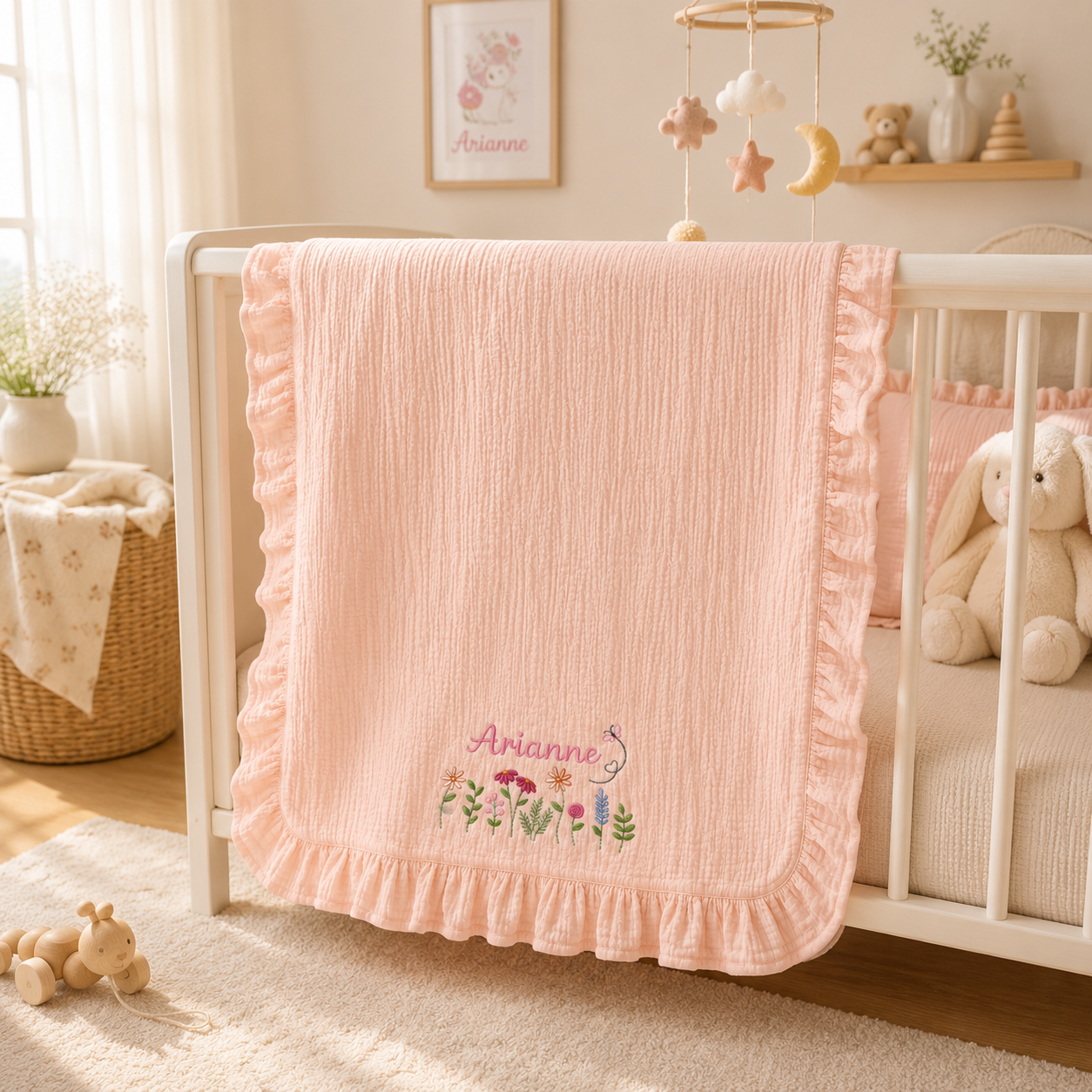 Personalized Muslin Baby Blanket & Ruffle Pillow Set, Embroidered Baby Name Gift
