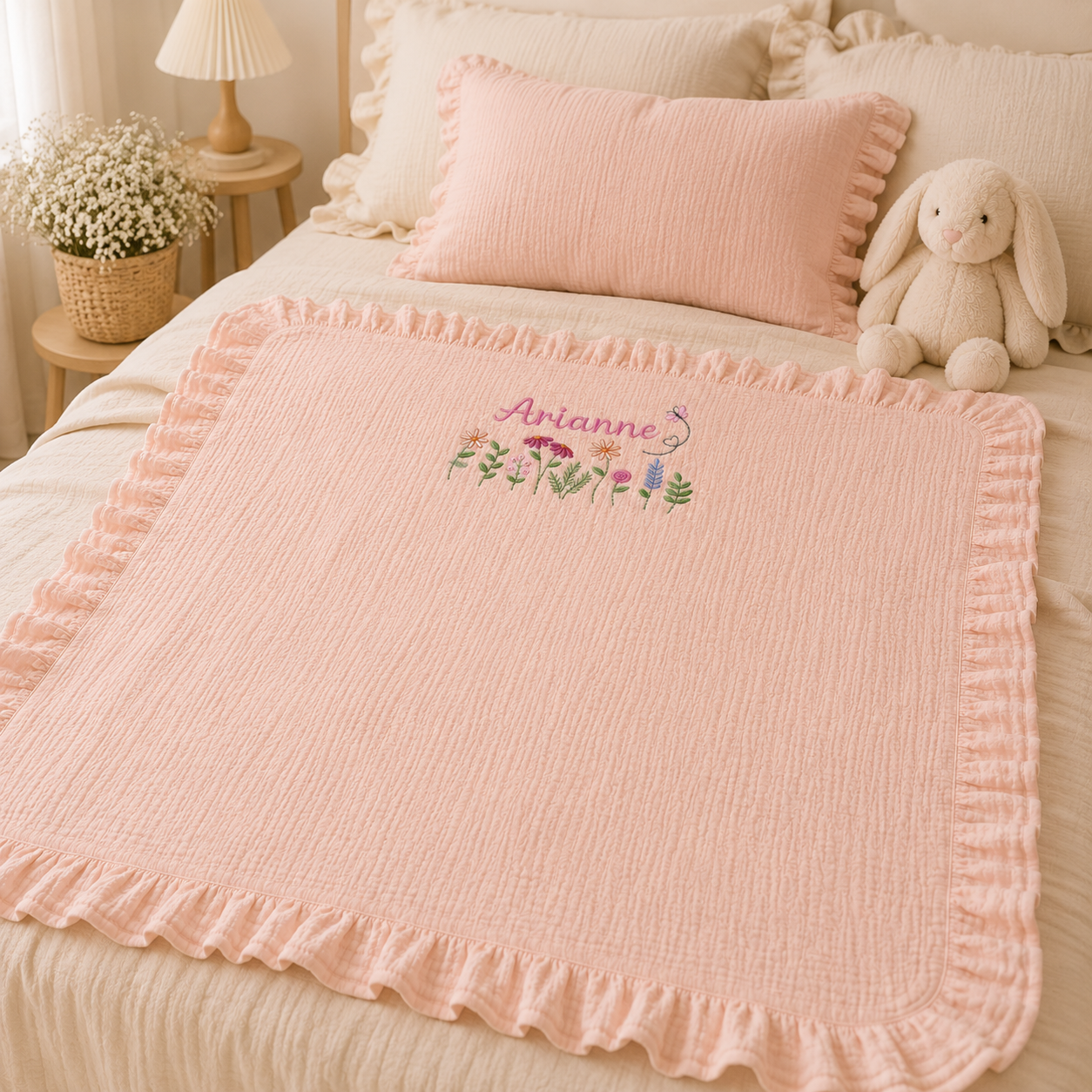 Personalized Muslin Baby Blanket & Ruffle Pillow Set, Embroidered Baby Name Gift