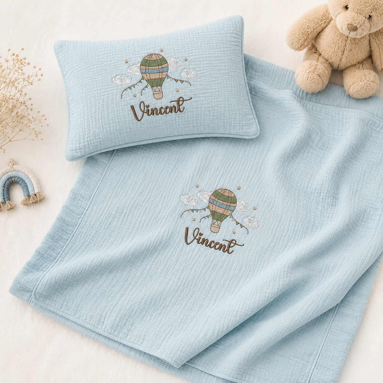 Personalized Muslin Baby Blanket & Pillow With Name, Custom Embroidered Baby Boy, Luxury Newborn Set Boy