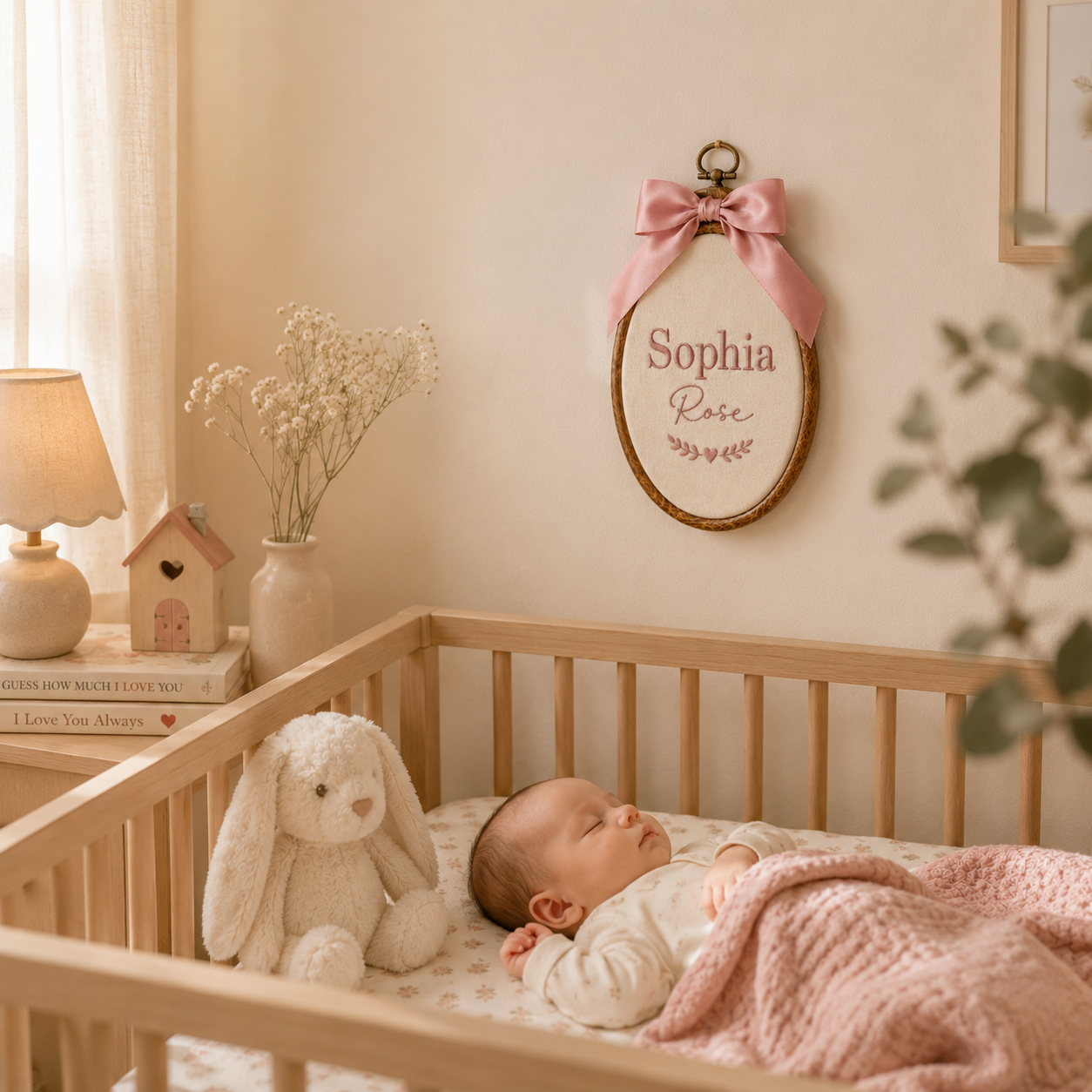 Personalized Baby Name Hoop with Bow – Embroidered Nursery Wall Decor, Custom Newborn Gift