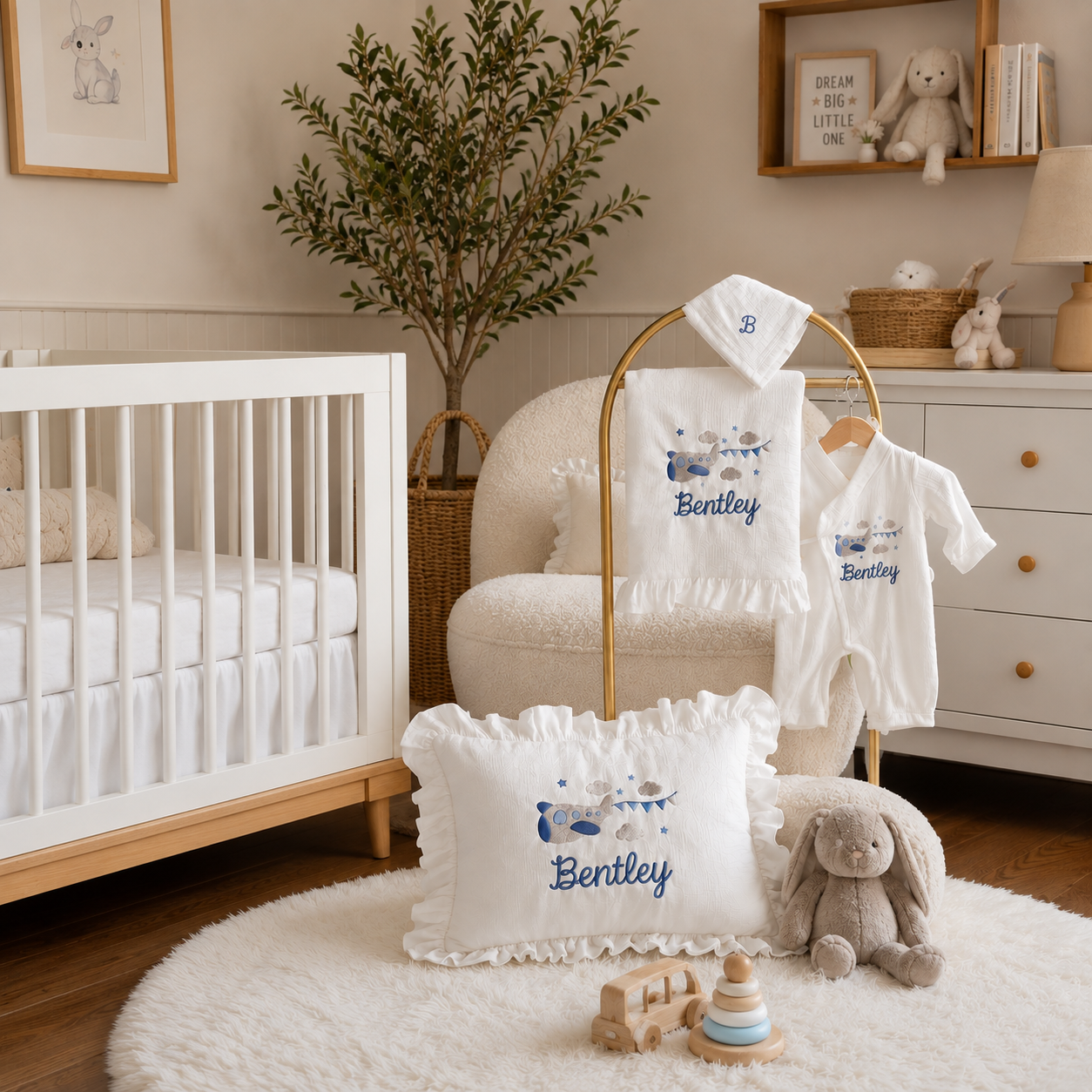 Embroidered 4 Pieces Gift Set, Personalized Muslin Romper Blanket Pillow Stroller Cover