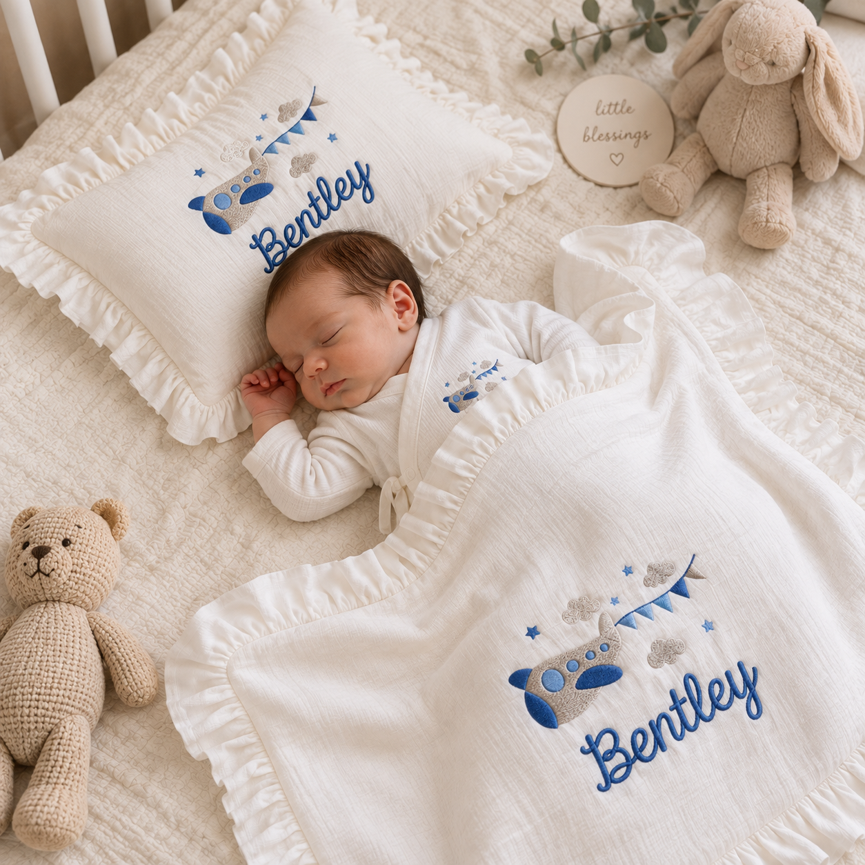 Embroidered 4 Pieces Gift Set, Personalized Muslin Romper Blanket Pillow Stroller Cover