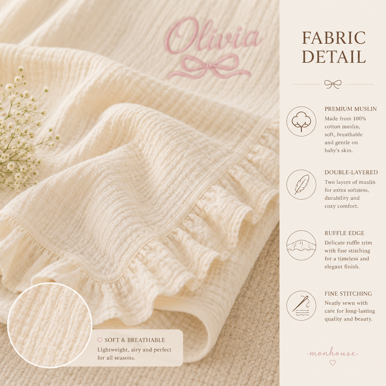 Personalized Muslin Baby Blanket, Custom Embroidered Baby Name Blanket, Cotton Muslin Ruffle Blanket, Baby Girl Shower Gift