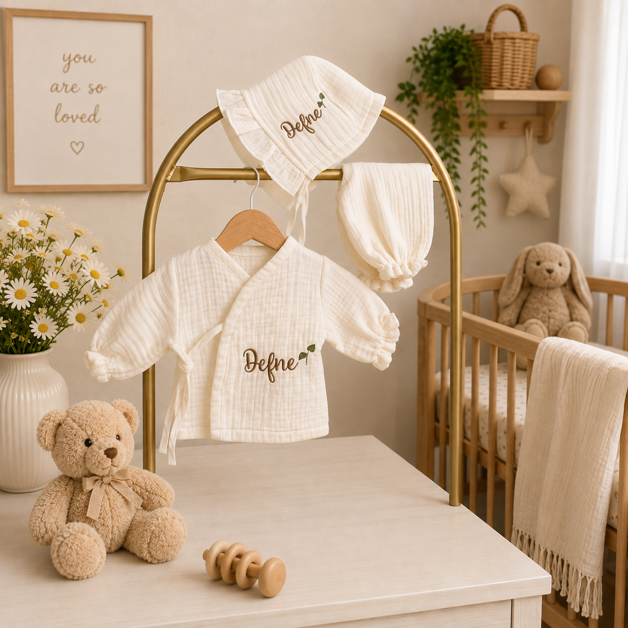 Personalized Baby Muslin Kimono Outfit – Custom Embroidered Name Newborn Baby Girl Set