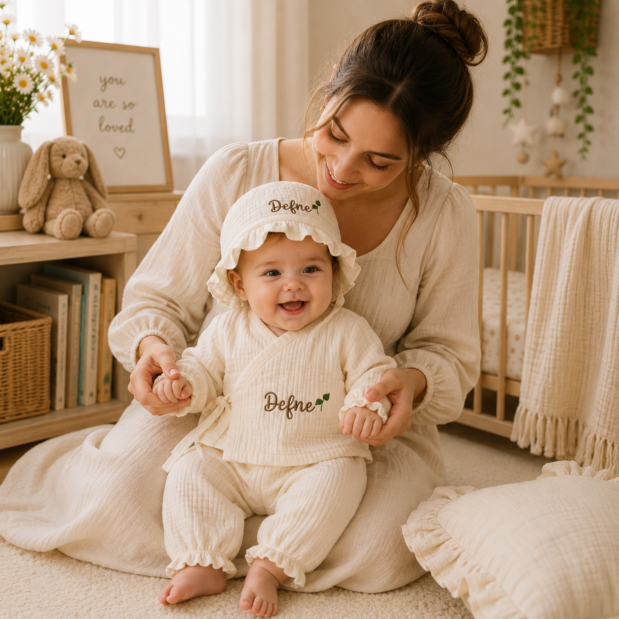 Personalized Baby Muslin Kimono Outfit – Custom Embroidered Name Newborn Baby Girl Set