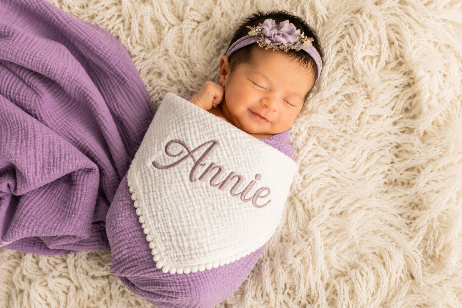 Personalized Baby Blanket – Custom Embroidered Name Muslin Blanket with Pom Pom Trim, Newborn & Baby Gift
