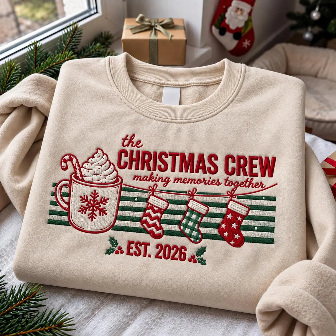 Christmas Crew Embroidered Sweatshirt, Personalized Family Name Holiday Crewneck, Matching Family Christmas Sweater