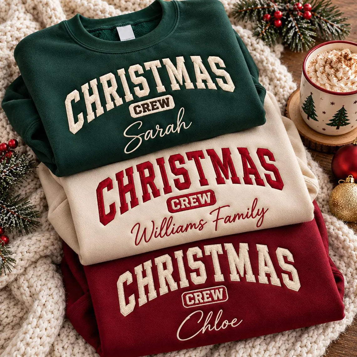 Embroidered Personalized Christmas Crew Sweatshirts, Retro Matching Family Holiday