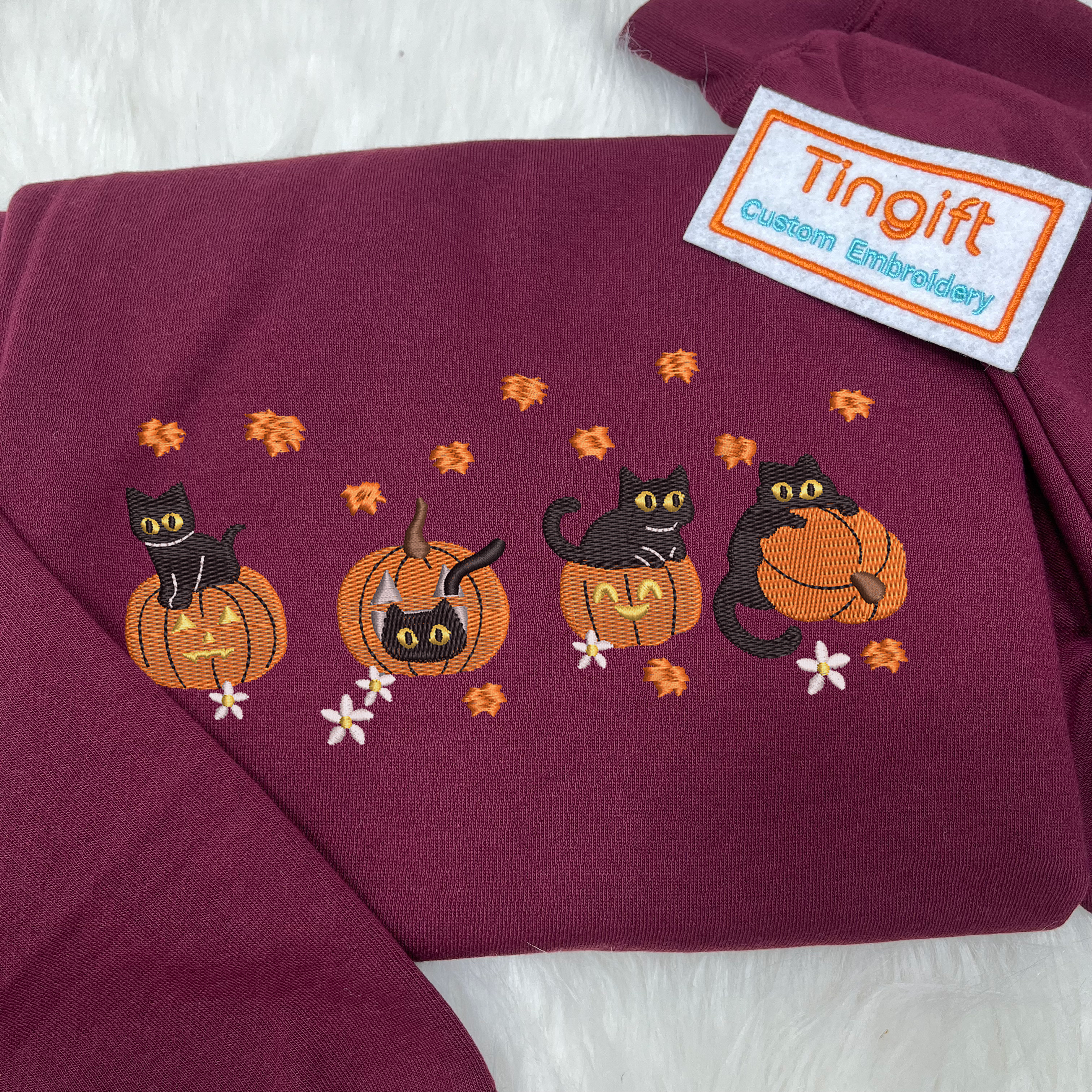 Black Cat Halloween Embroidered Crewneck Sweatshirt, Pumpkin Fall Shirt, Cat Lover Gift