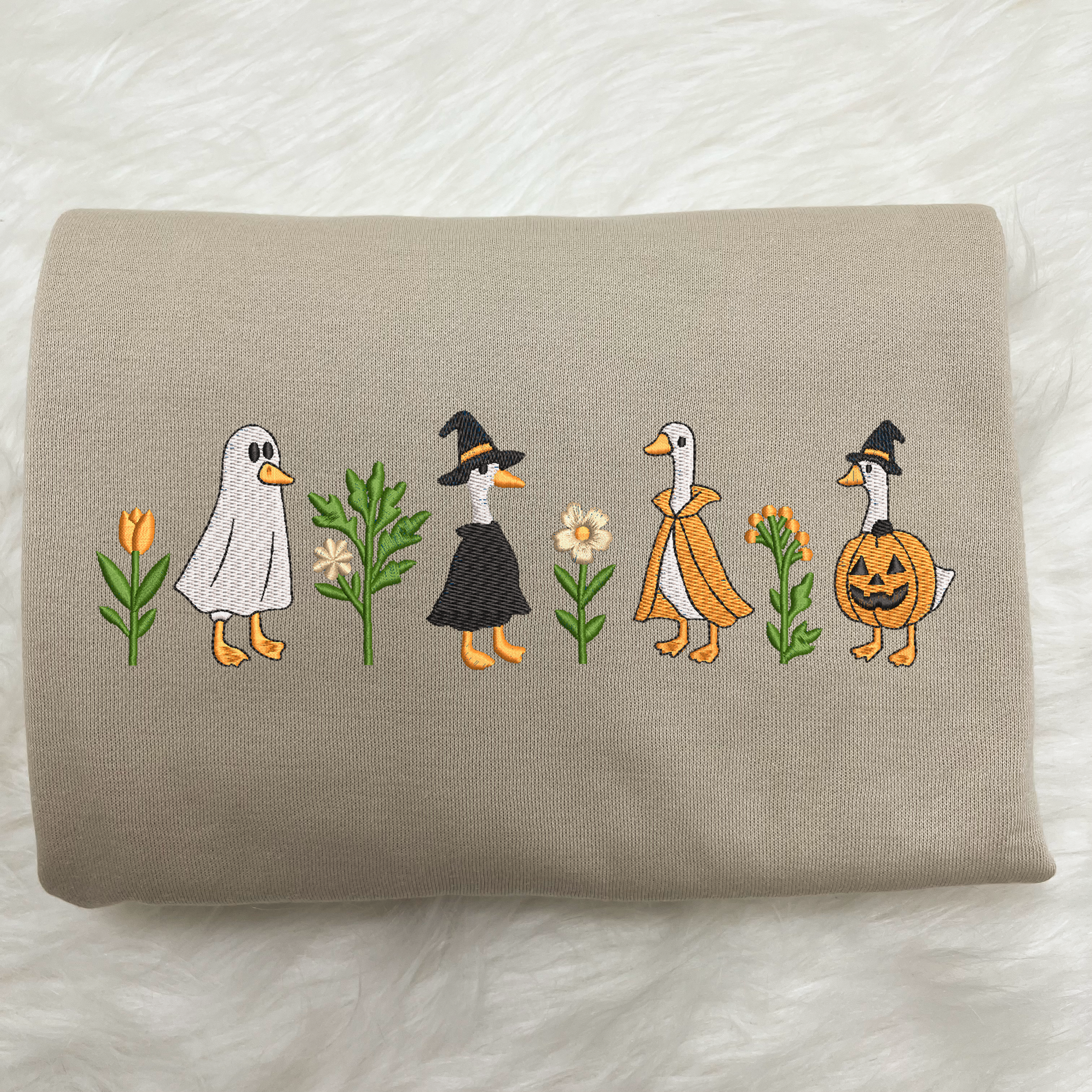 Cute Halloween Gooses Embroidered Sweatshirt, Cute Fall Pumpkin Witch Ghost Goose Crewneck Sweater, Autumn Animal Embroidered Shirt