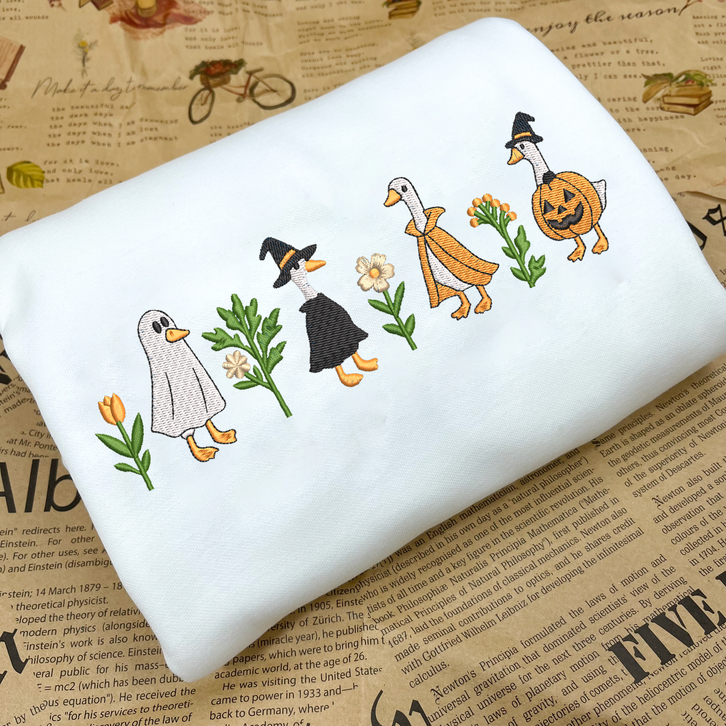 Cute Halloween Gooses Embroidered Sweatshirt, Cute Fall Pumpkin Witch Ghost Goose Crewneck Sweater, Autumn Animal Embroidered Shirt