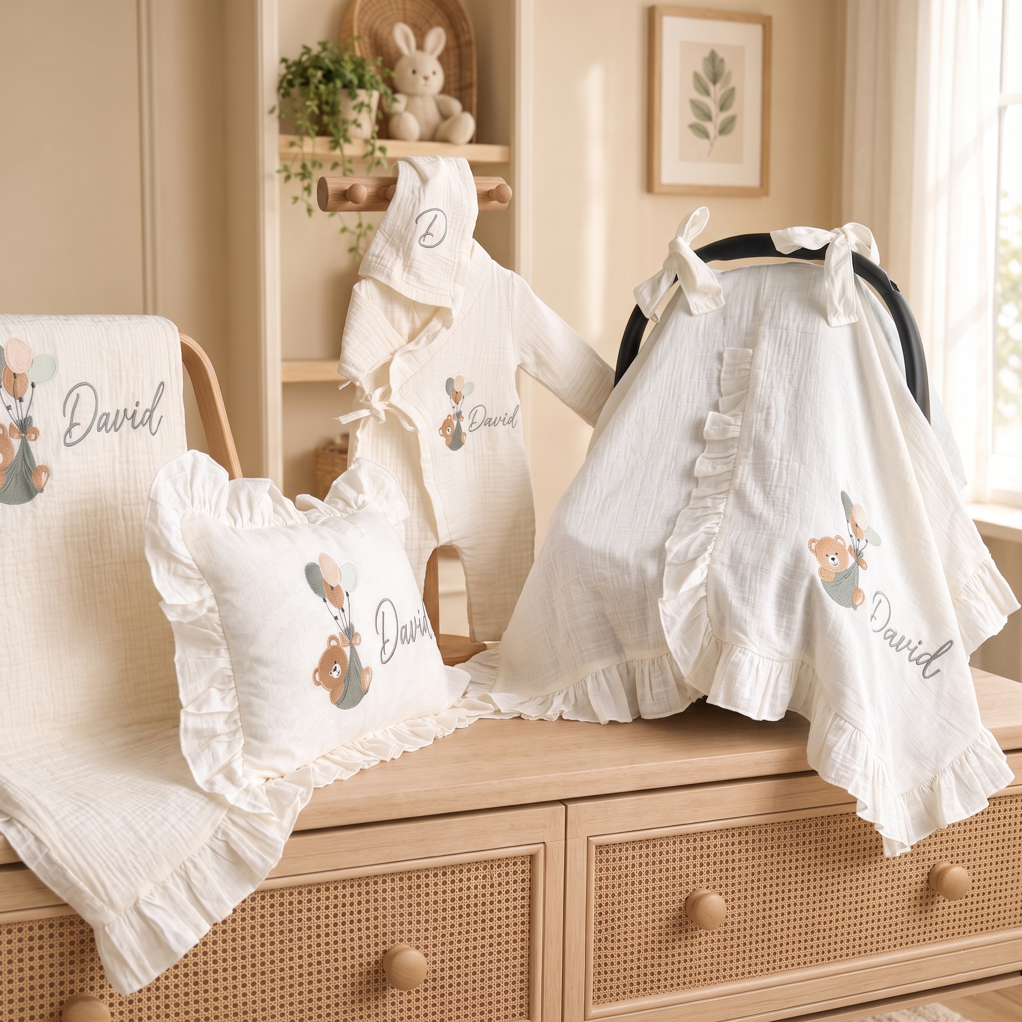 Personalized Embroidered Baby Gift Set – 4-Piece Muslin Newborn Set