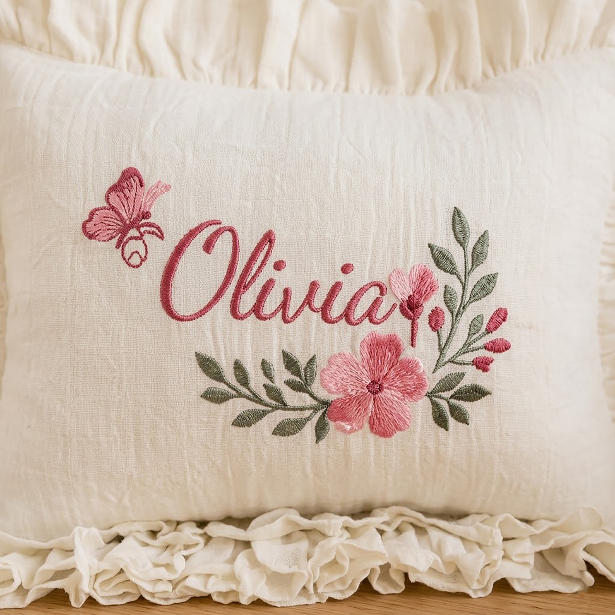 Personalized Embroidered 4 Pieces Gift Set For Baby Girl, Muslin Romper Blanket Pillow Stroller Cover Natural Cream